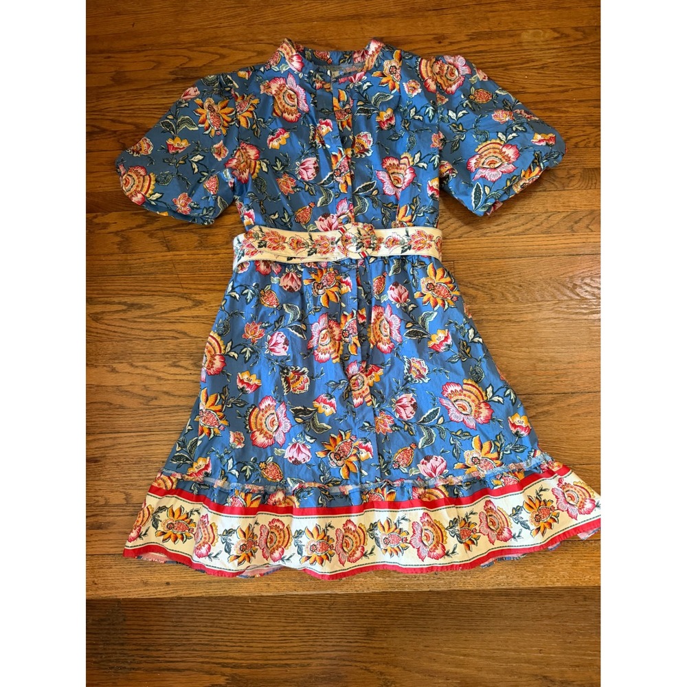 Joie Blue Floral Puff Sleeve Belted Mini Dress Size 10 Button Front Ruffle Hem - Picture 4 of 4